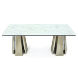 78.7" White Modern Dining Table with Geometric Double Base in Gold Finish