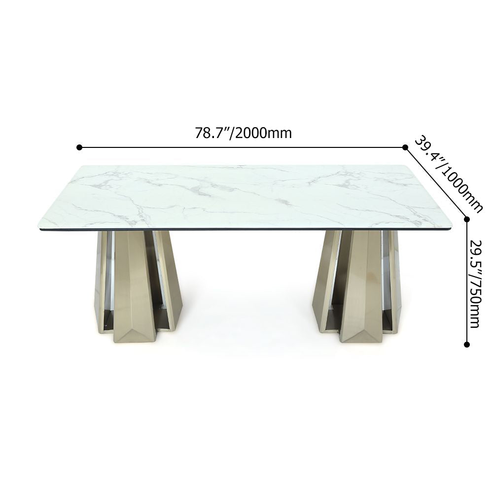78.7" White Modern Dining Table with Geometric Double Base in Gold Finish