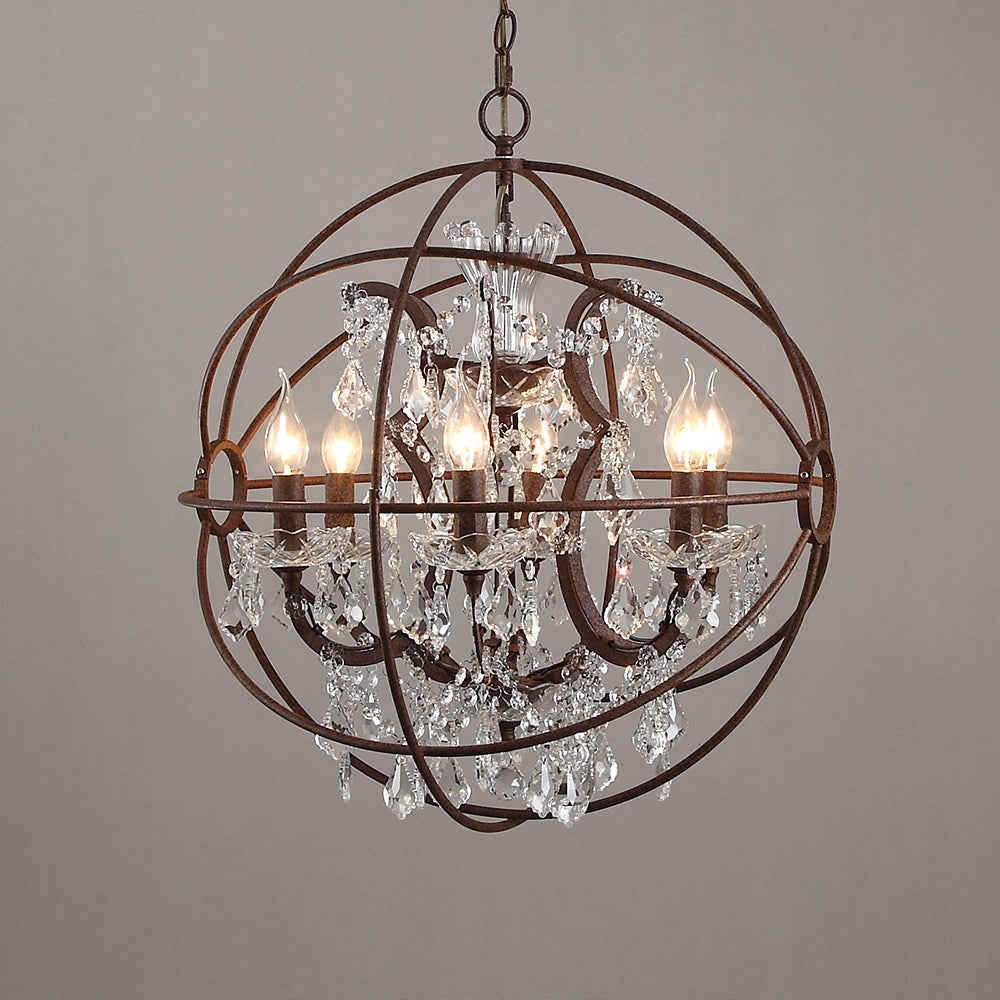 Industrial Loft 6 Lights Retro Clear Crystal Rust Metal Orb Chandelier