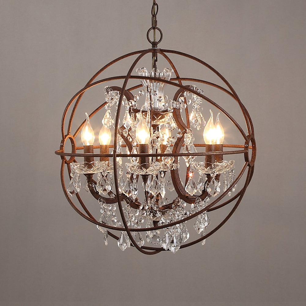 Industrial Loft 6 Lights Retro Clear Crystal Rust Metal Orb Chandelier