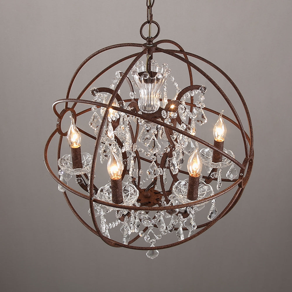 Industrial Loft 6 Lights Retro Clear Crystal Rust Metal Orb Chandelier