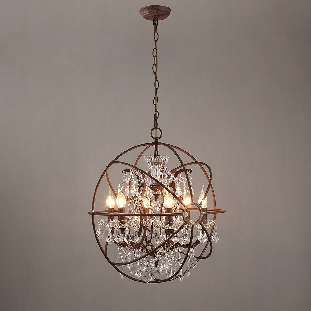 Industrial Loft 6 Lights Retro Clear Crystal Rust Metal Orb Chandelier