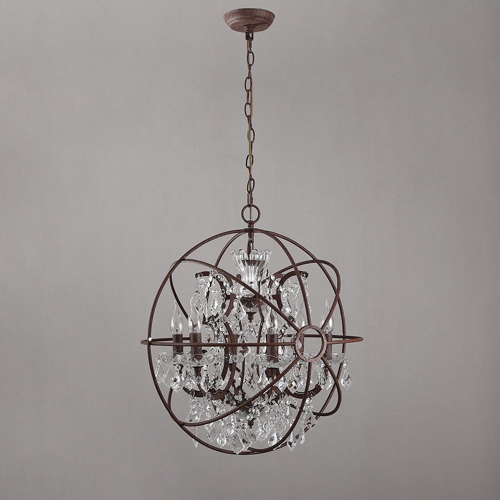 Industrial Loft 6 Lights Retro Clear Crystal Rust Metal Orb Chandelier