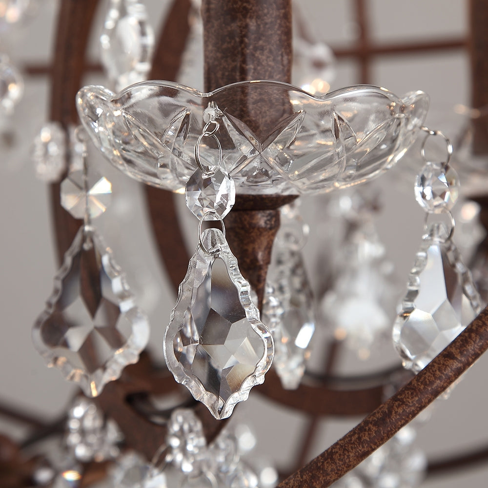 Industrial Loft 6 Lights Retro Clear Crystal Rust Metal Orb Chandelier