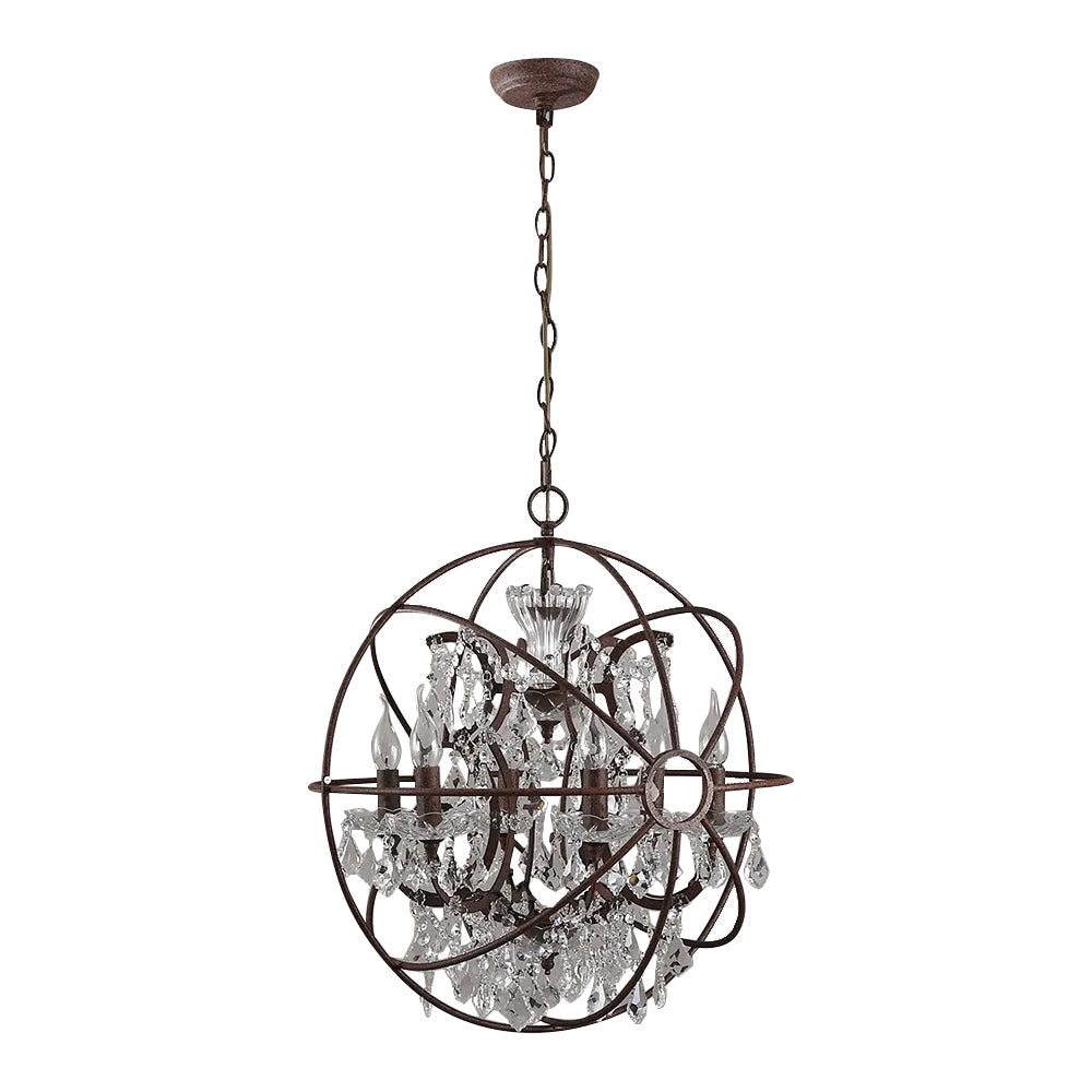 Industrial Loft 6 Lights Retro Clear Crystal Rust Metal Orb Chandelier