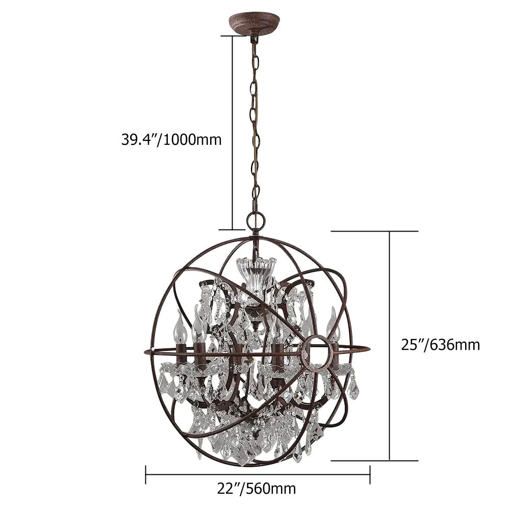 Industrial Loft 6 Lights Retro Clear Crystal Rust Metal Orb Chandelier