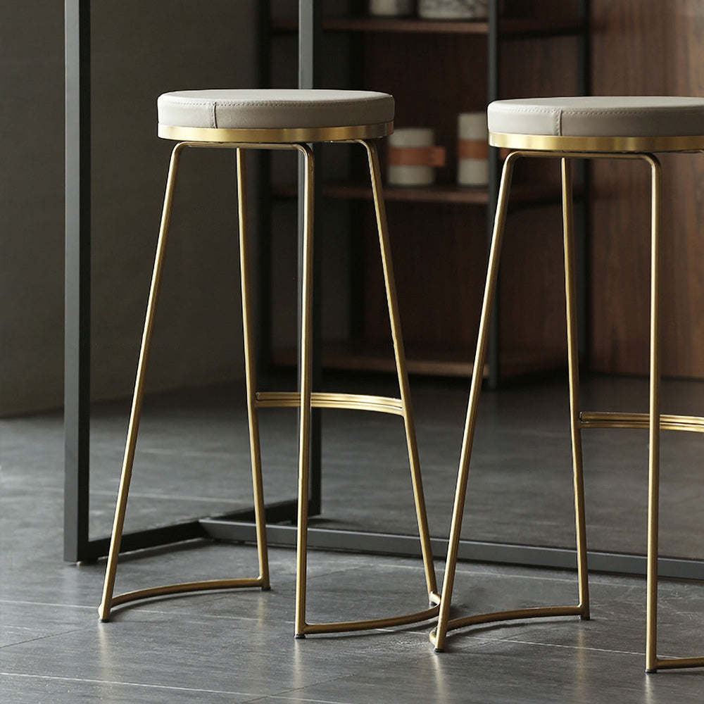 Gold & Beige PU Leather Upholstered Round Bar Height Stool Backless Set of 2