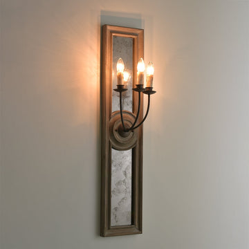 French Candle 3-Light Mirrored Wall Sconce Weathered Wood Panel & Metal