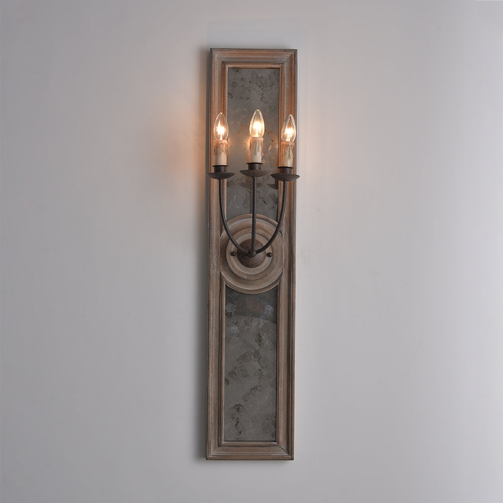 French Candle 3-Light Mirrored Wall Sconce Weathered Wood Panel & Metal