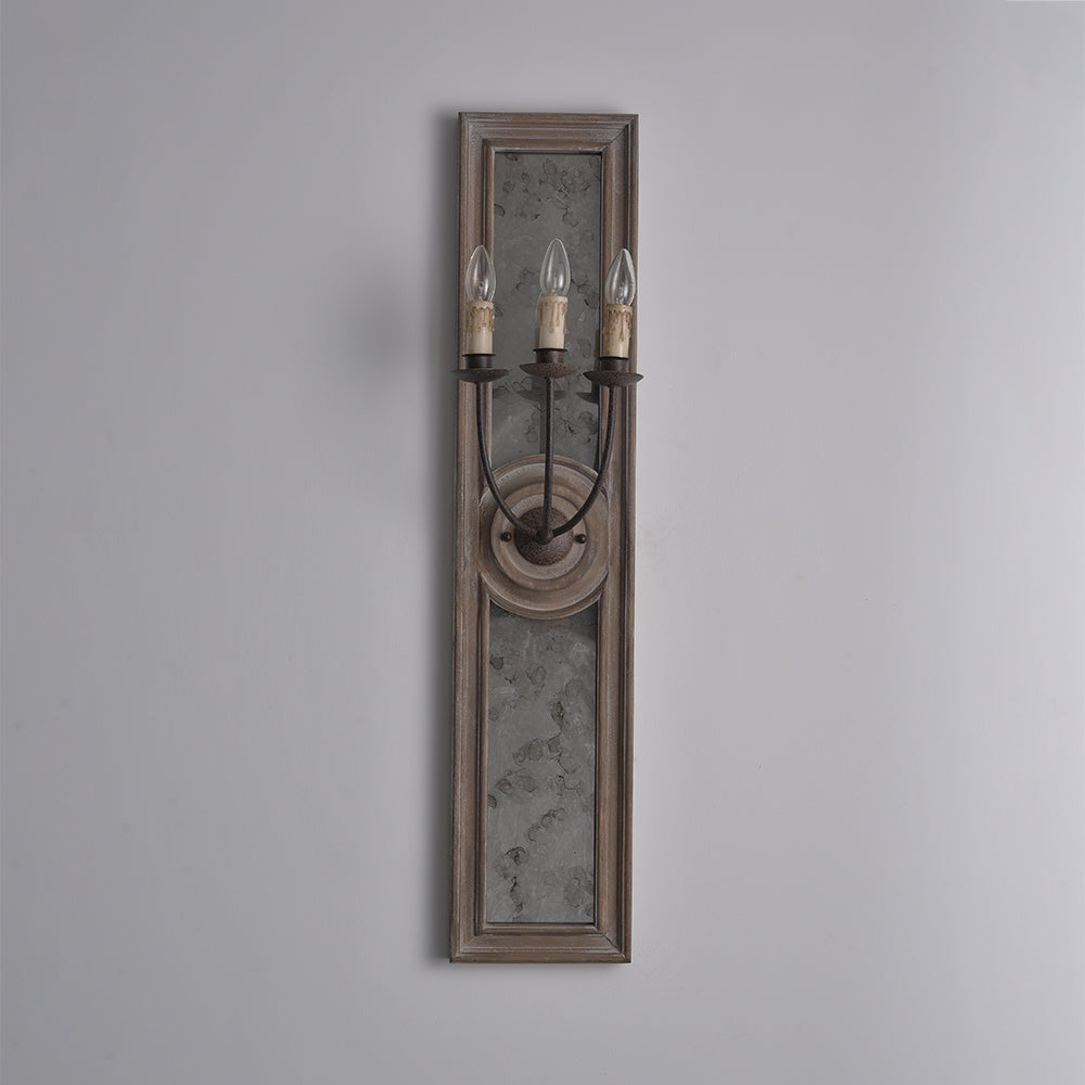 French Candle 3-Light Mirrored Wall Sconce Weathered Wood Panel & Metal