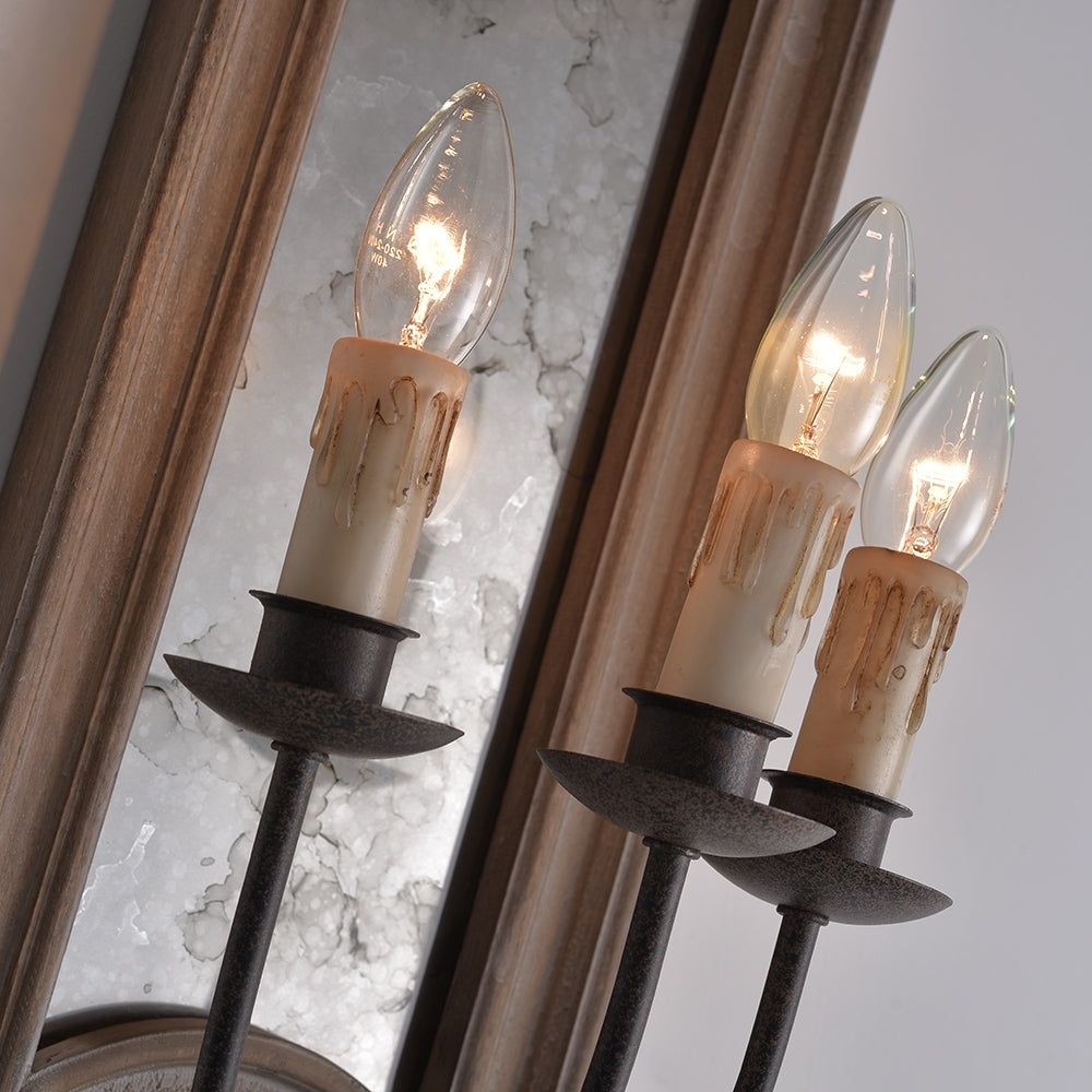 French Candle 3-Light Mirrored Wall Sconce Weathered Wood Panel & Metal