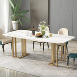 55.1" White Dining Table with Rectangular Stone Top & Metal Frame