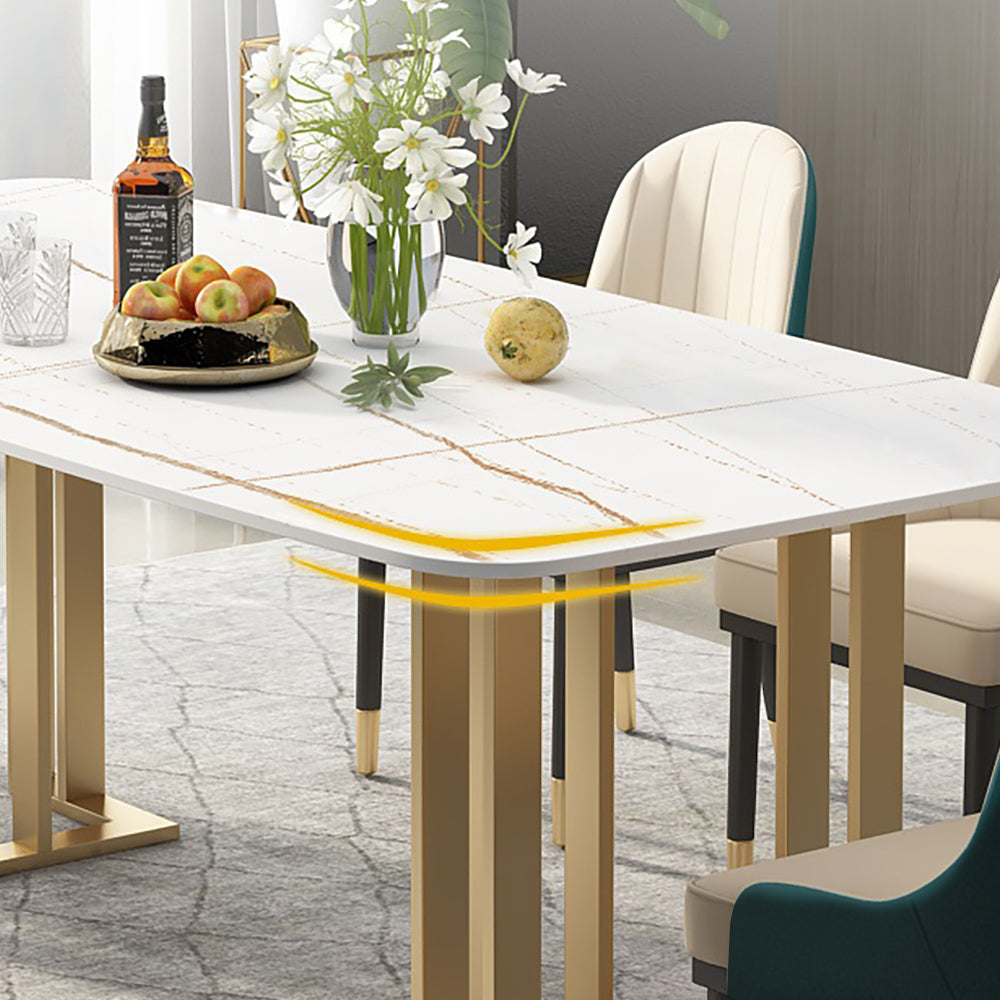 55.1" White Dining Table with Rectangular Stone Top & Metal Frame