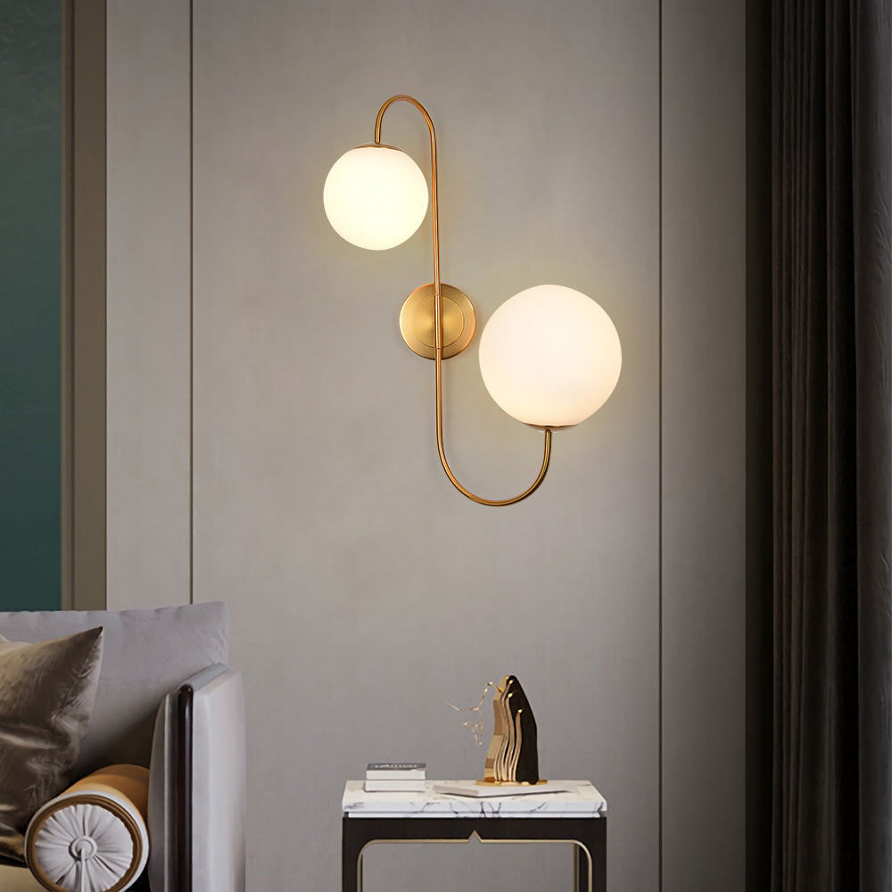 Modern Chic Milky White Globe Glass Shade Two-Light Indoor Wall Lamp in Aged Brass