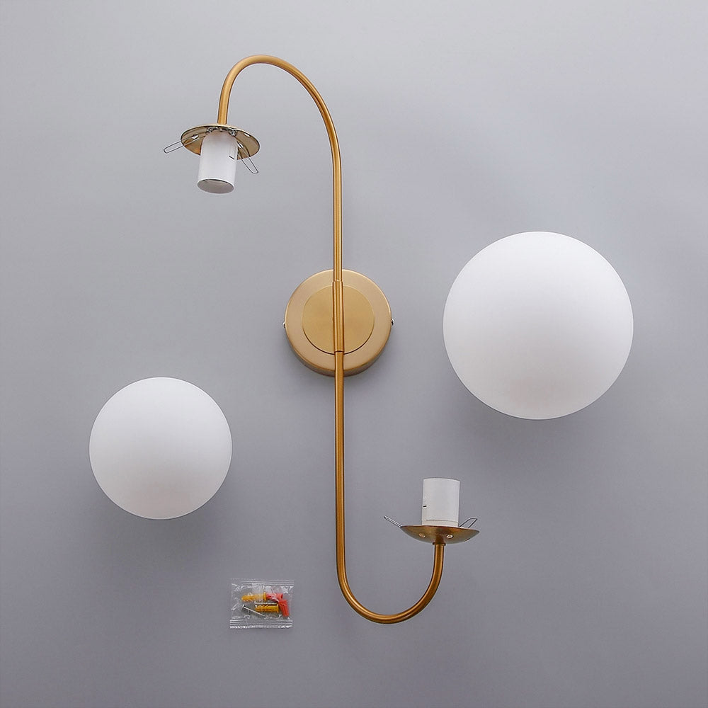 Modern Chic Milky White Globe Glass Shade Two-Light Indoor Wall Lamp in Aged Brass