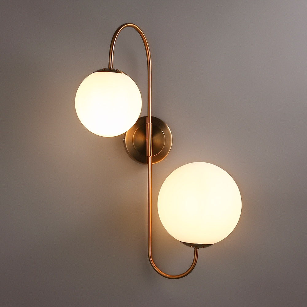 Modern Chic Milky White Globe Glass Shade Two-Light Indoor Wall Lamp in Aged Brass