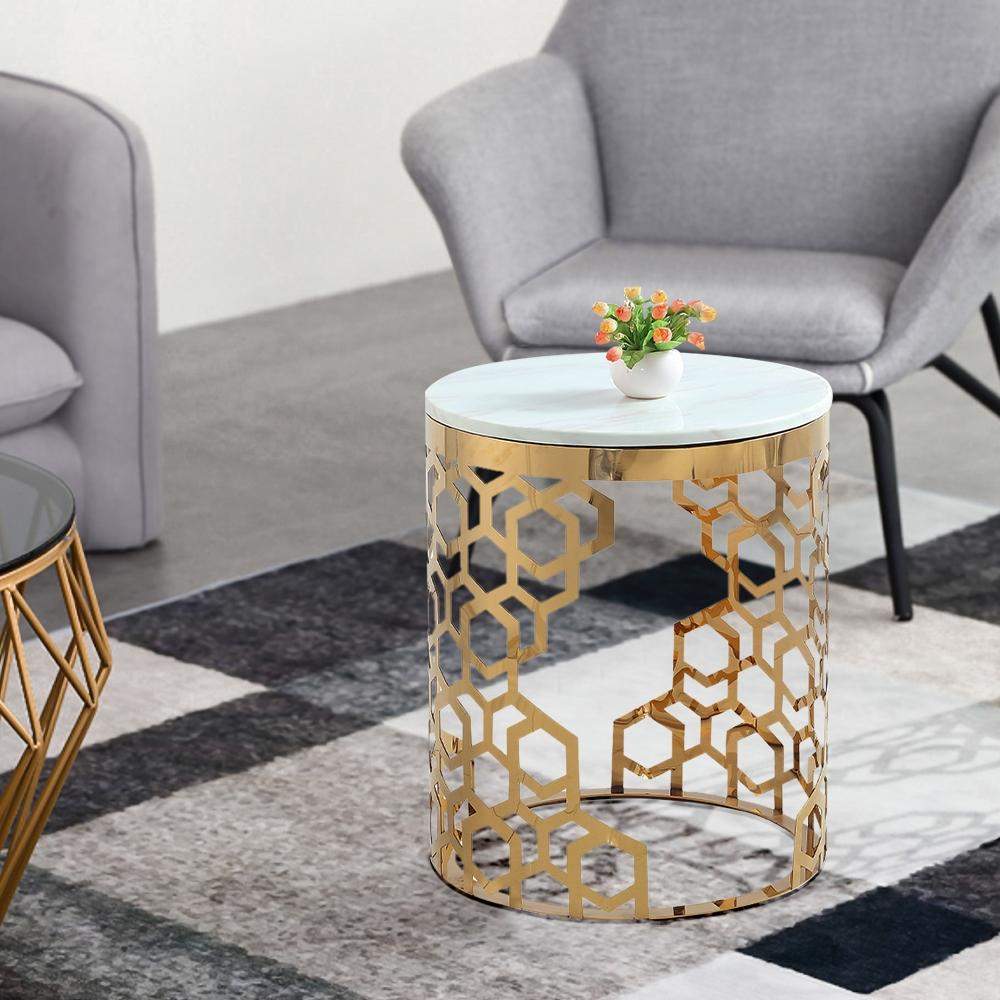 Gold Modern Round End Table with Marble Top Side Table-Richsoul-End & Side Tables,Furniture,Living Room Furniture