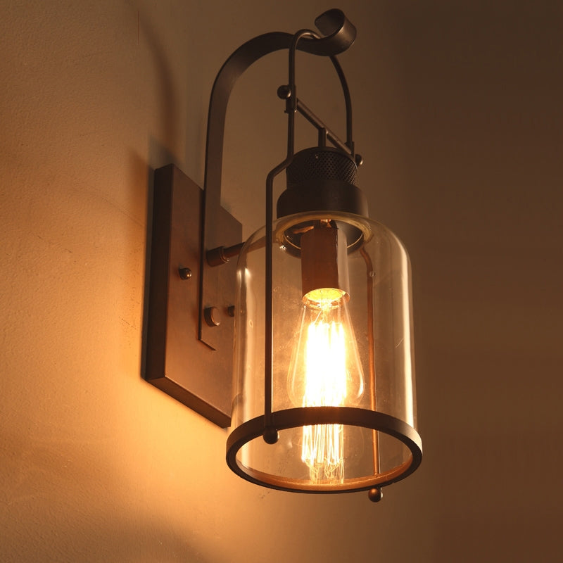 Industrial Loft Rust Metal Lantern Single Wall Sconce with Clear Glass