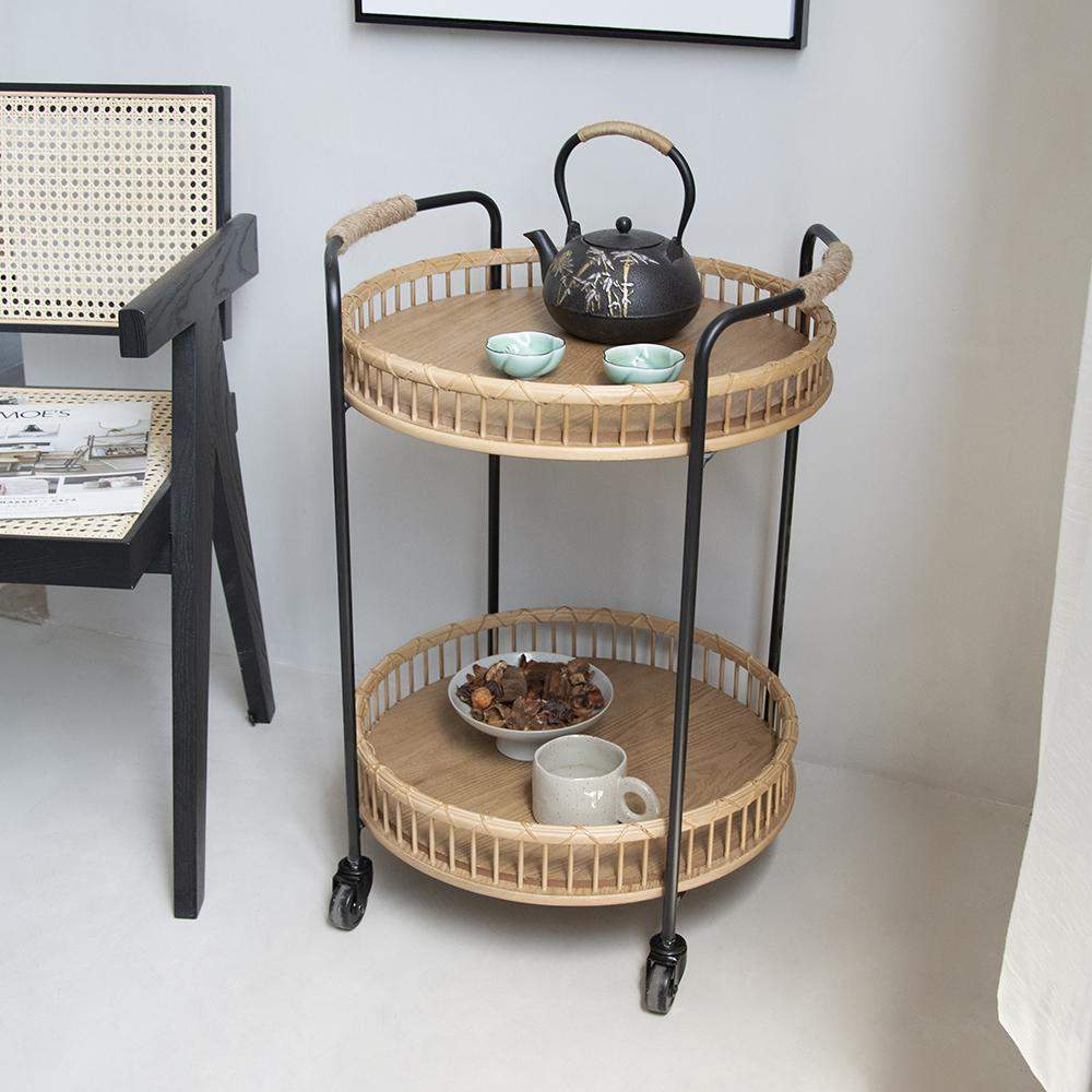Modern Side Table Rattan Bar Cart with Rolling Foot Woven Side Table-Richsoul-End & Side Tables,Furniture,Living Room Furniture