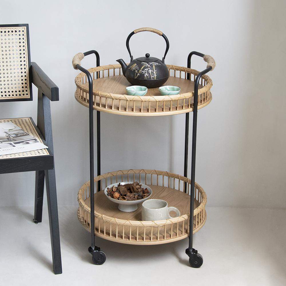 Modern Side Table Rattan Bar Cart with Rolling Foot Woven Side Table-Richsoul-End & Side Tables,Furniture,Living Room Furniture