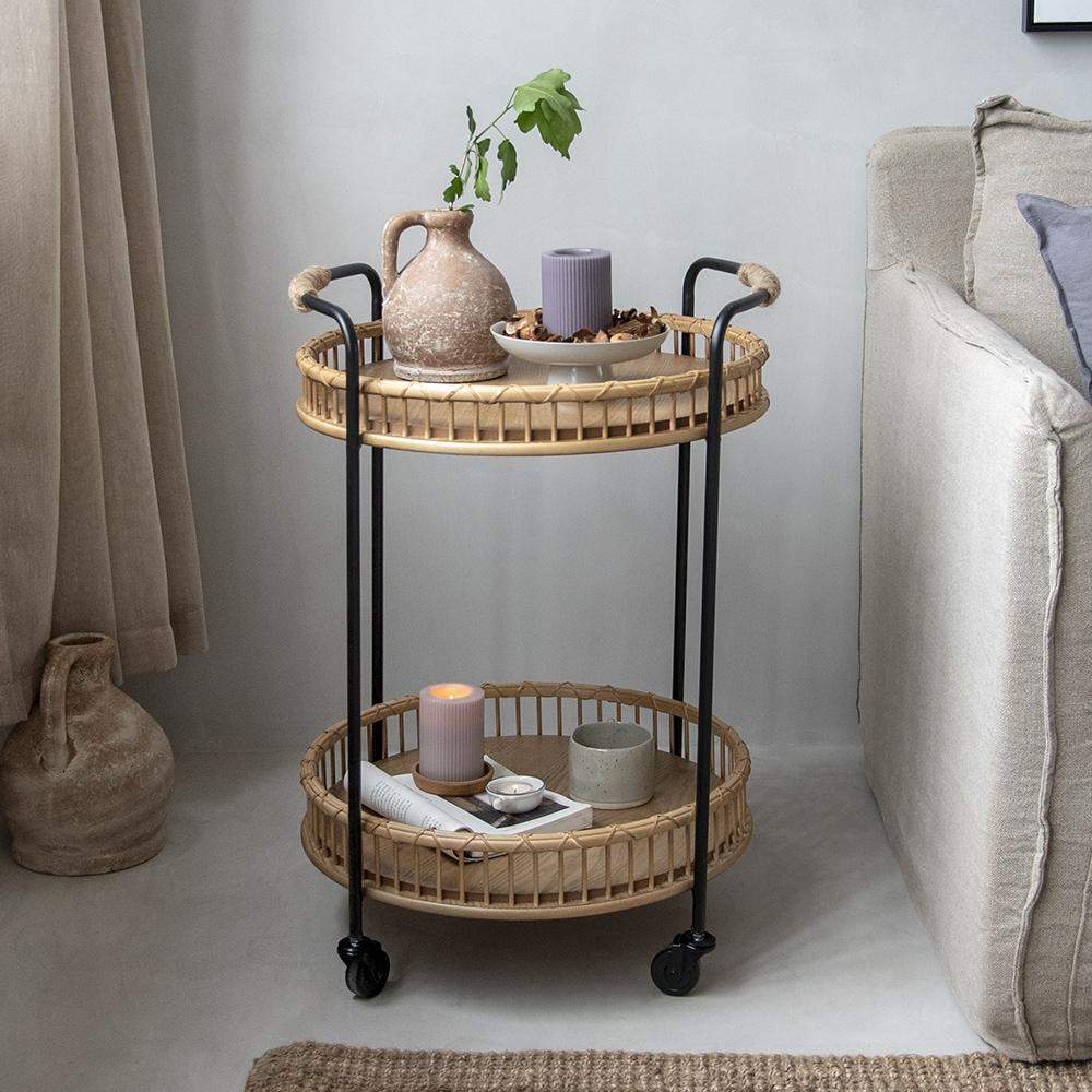 Modern Side Table Rattan Bar Cart with Rolling Foot Woven Side Table-Richsoul-End & Side Tables,Furniture,Living Room Furniture