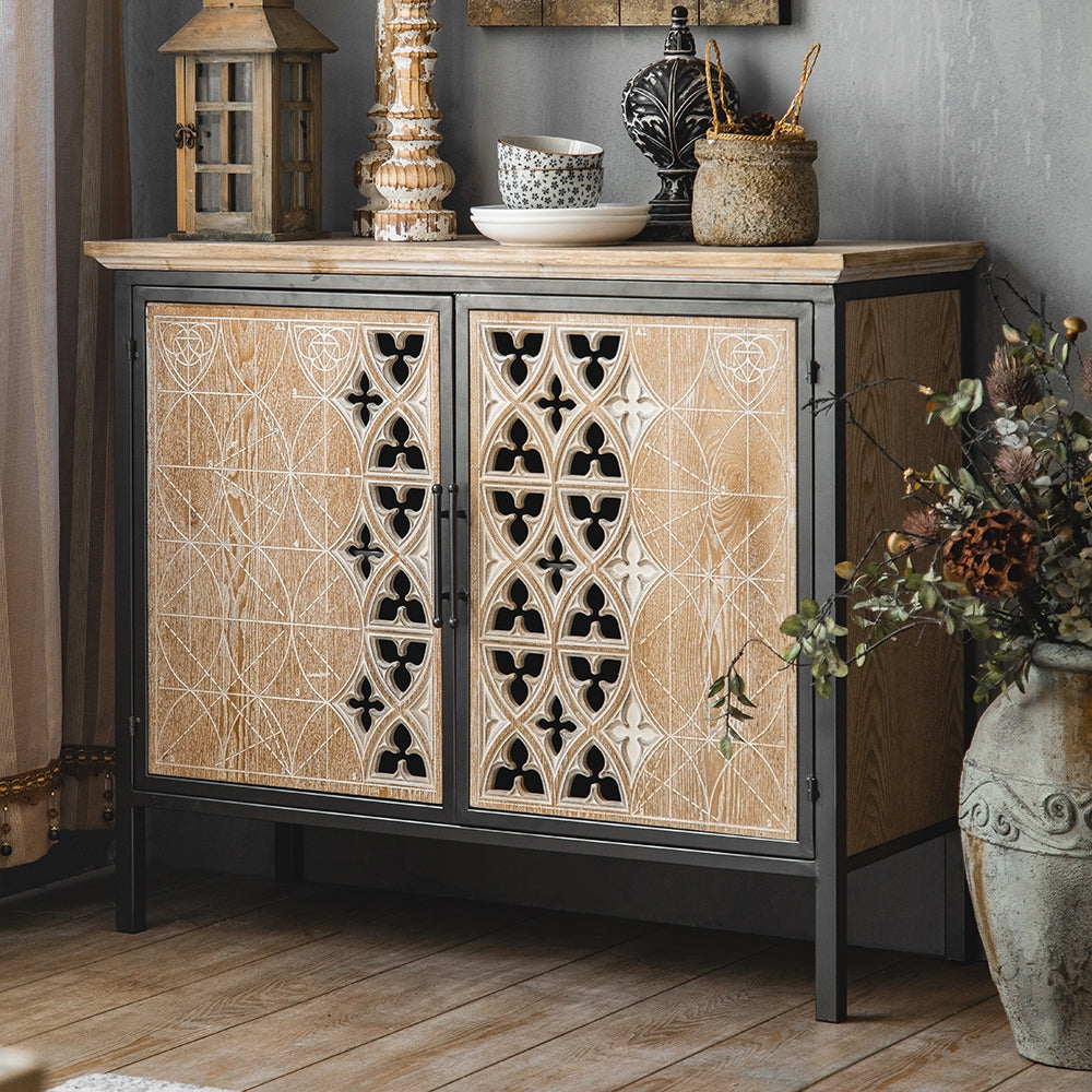 Rustic Sideboard Buffet Carved and Painted Patterns Cabinet with 2 Doors 1 Shelf