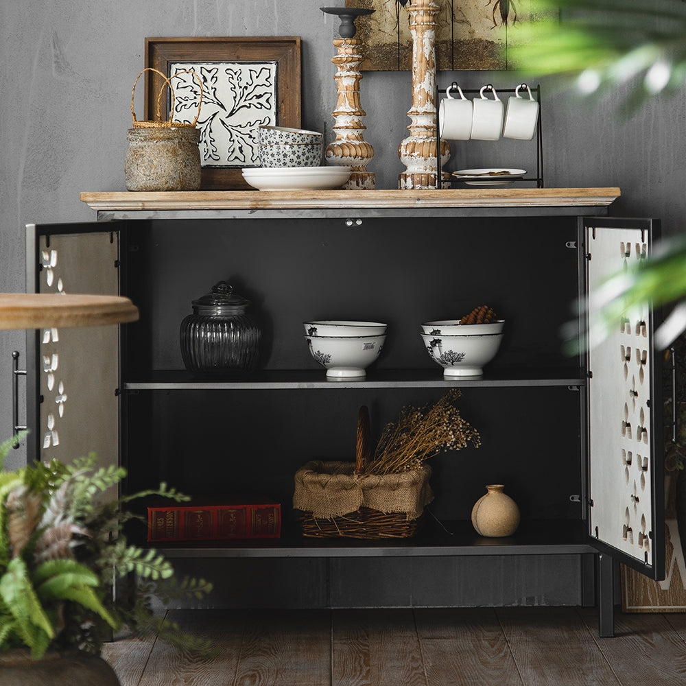 Rustic Sideboard Buffet Carved and Painted Patterns Cabinet with 2 Doors 1 Shelf