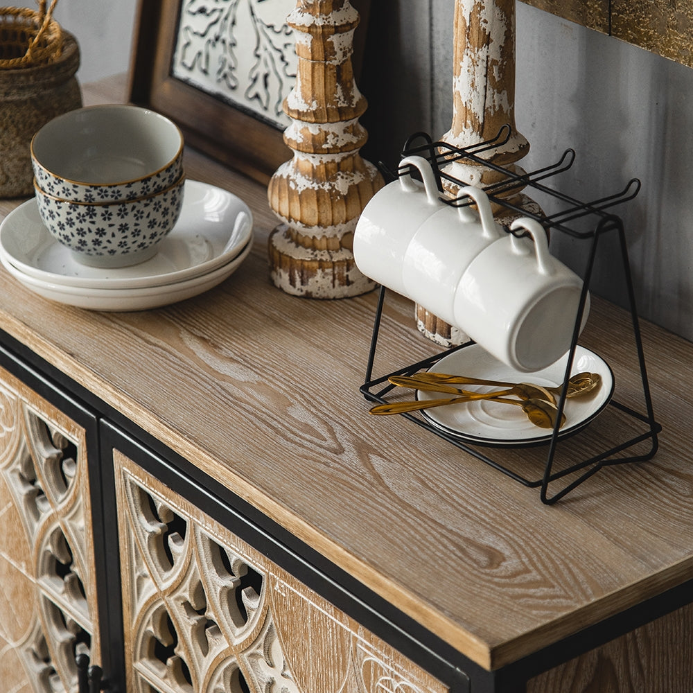 Rustic Sideboard Buffet Carved and Painted Patterns Cabinet with 2 Doors 1 Shelf
