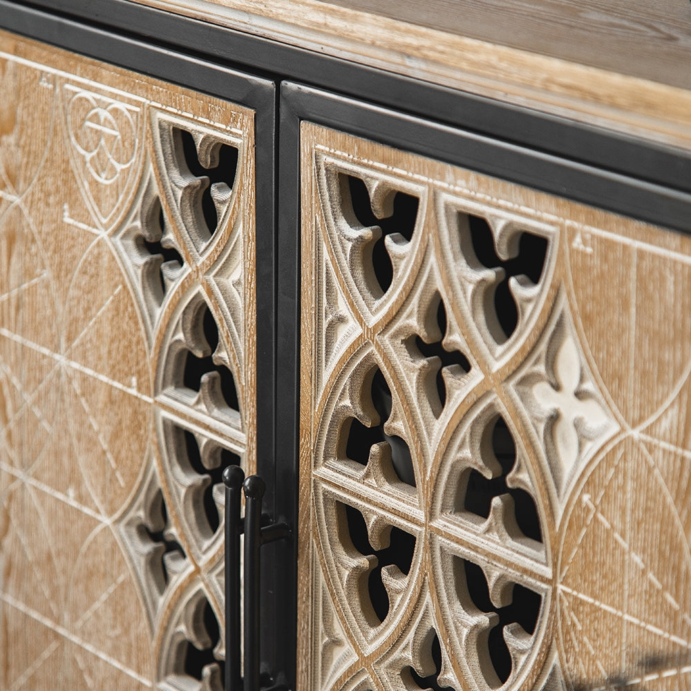 Rustic Sideboard Buffet Carved and Painted Patterns Cabinet with 2 Doors 1 Shelf