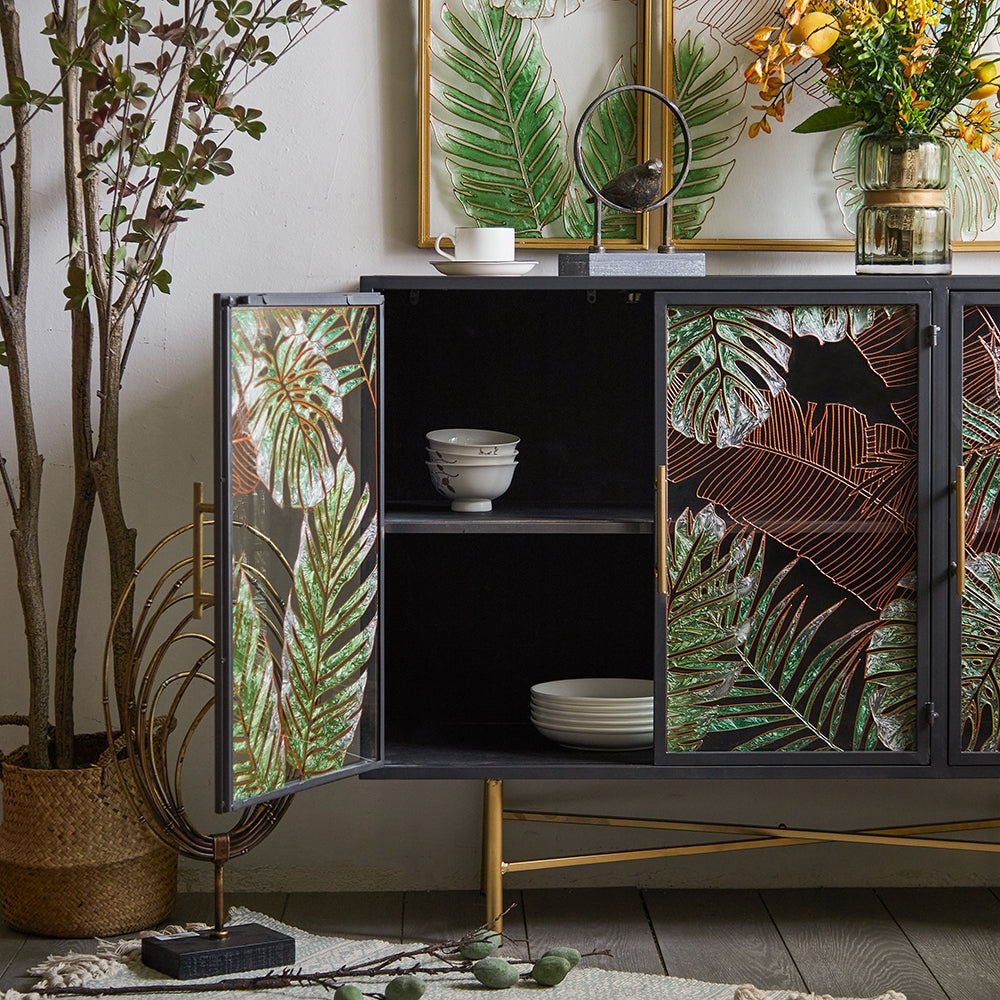 41" Modern Sideboard Buffet Colored Drawing Surface Tempered Glass Doors and Shelves in Gold