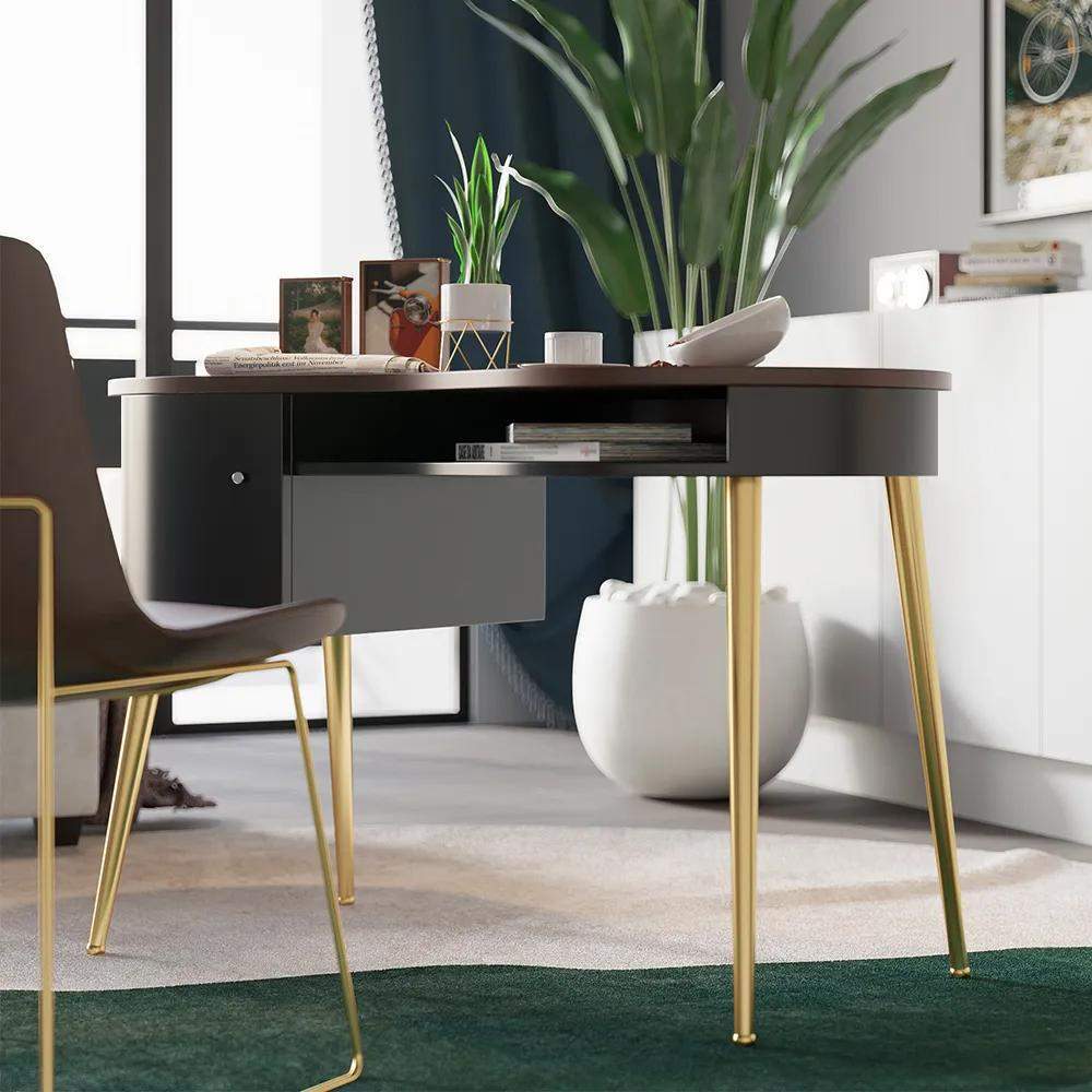 Mid Century Modern Curved Office Desk Computer Desk with Shelf & Storage-Desks,Furniture,Office Furniture