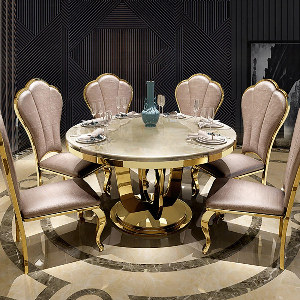 47" Modern Round Faux Marble Top Dining Table with Stainless Steel Base in Beige
