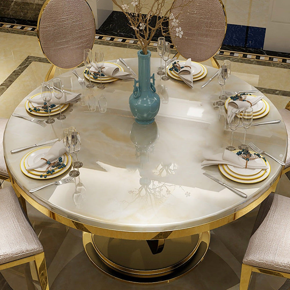 47" Modern Round Faux Marble Top Dining Table with Stainless Steel Base in Beige