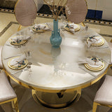 47" Modern Round Faux Marble Top Dining Table with Stainless Steel Base in Beige