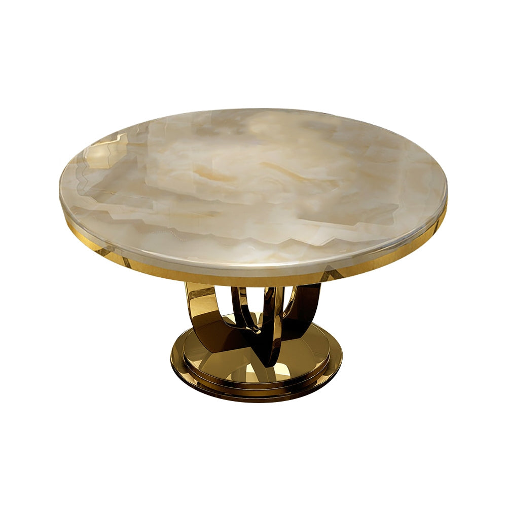 47" Modern Round Faux Marble Top Dining Table with Stainless Steel Base in Beige