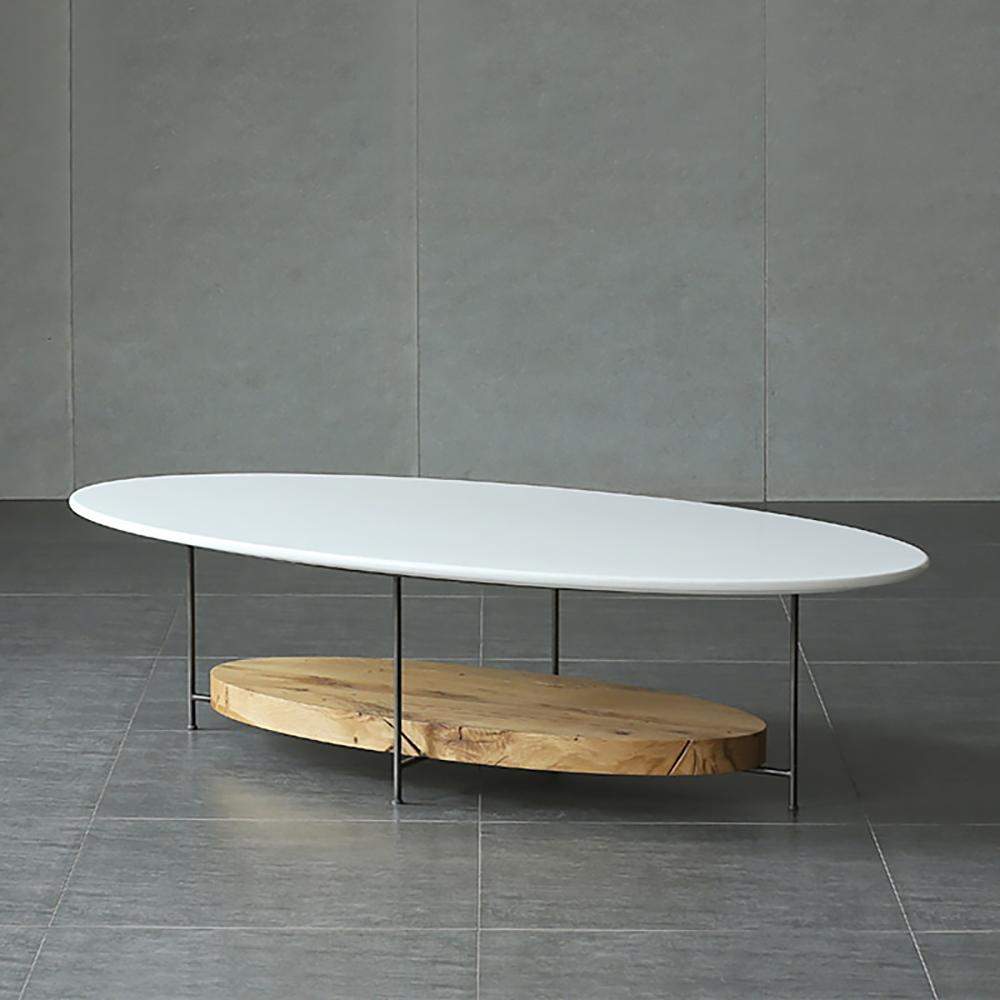 39" White & Natural Oval Coffee Table with Storage Shelf Water Proof & Scratch-Resistant-Richsoul-Coffee Tables,Furniture,Living Room Furniture