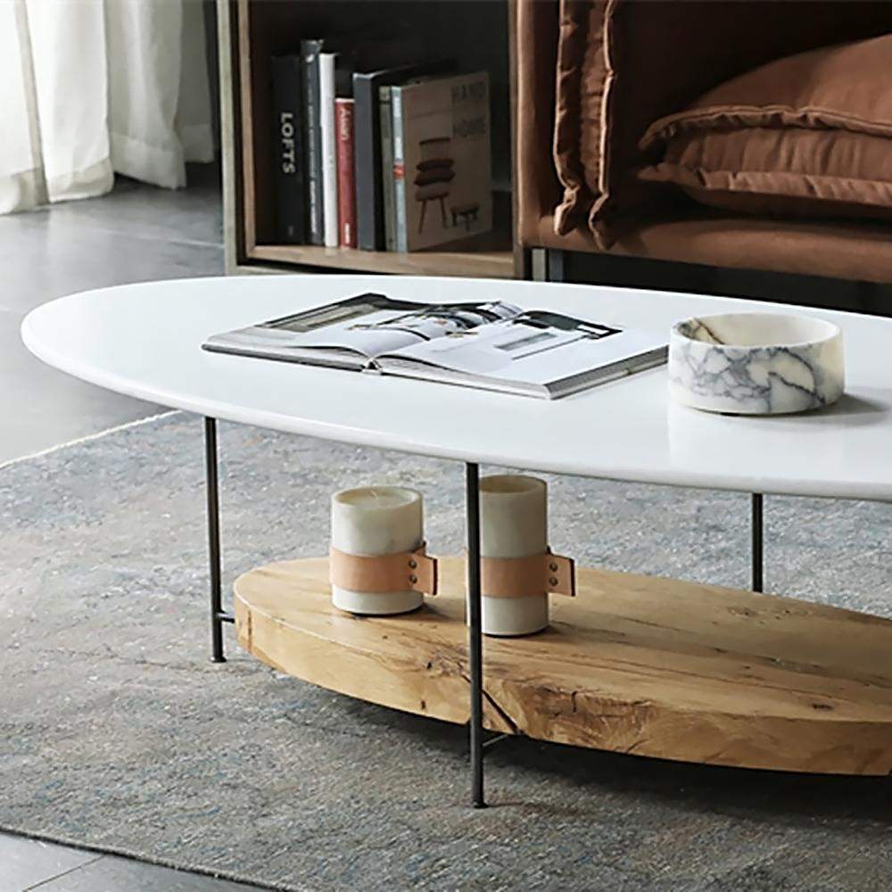 39" White & Natural Oval Coffee Table with Storage Shelf Water Proof & Scratch-Resistant-Richsoul-Coffee Tables,Furniture,Living Room Furniture