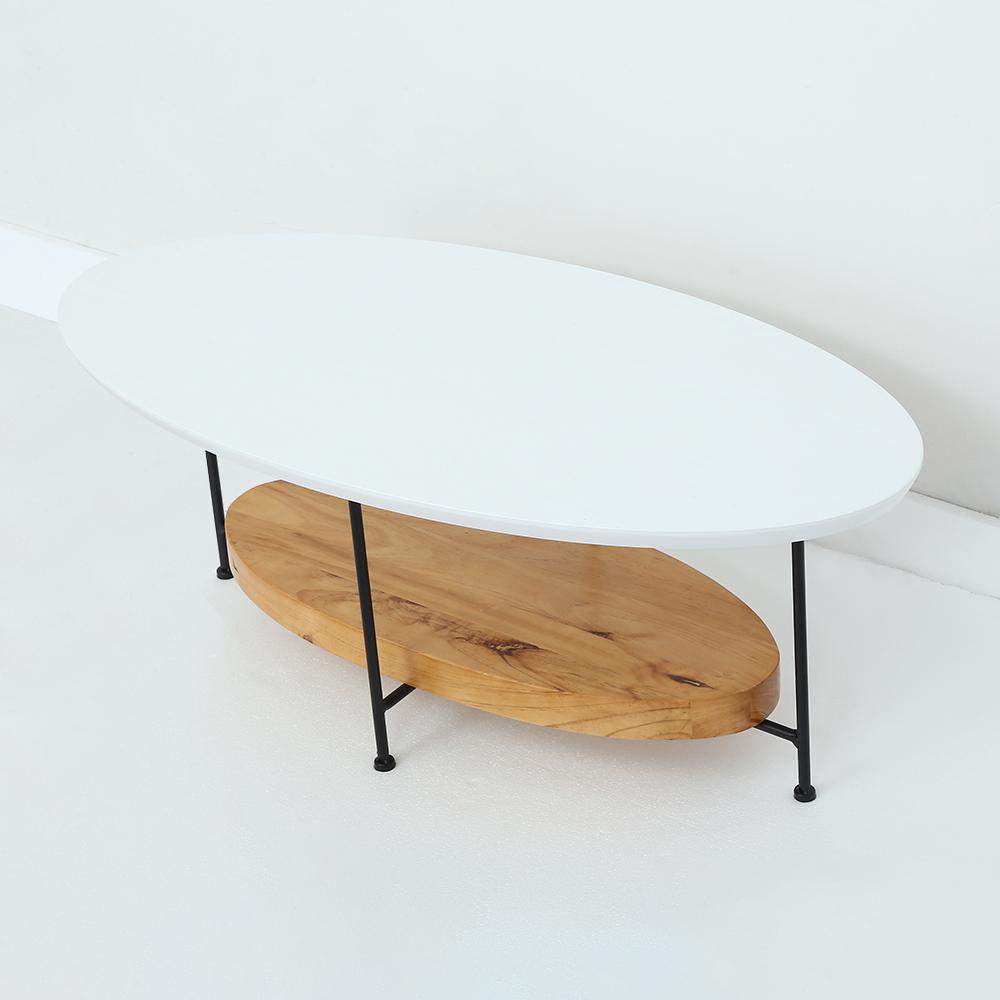 39" White & Natural Oval Coffee Table with Storage Shelf Water Proof & Scratch-Resistant-Richsoul-Coffee Tables,Furniture,Living Room Furniture
