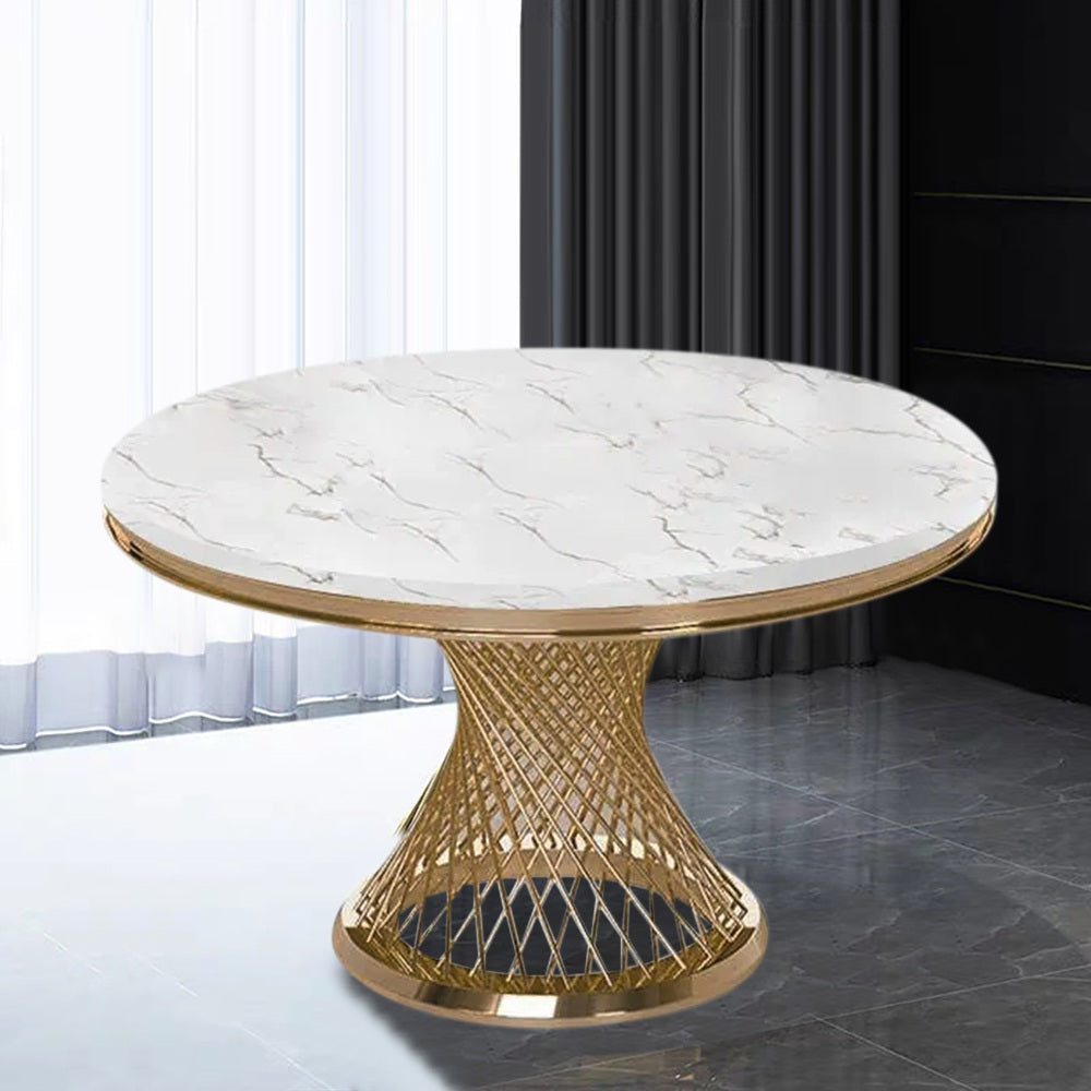 Modern 51" Round Dining Table Faux Marble Tabletop & Golden Stainless Steel Pedestal
