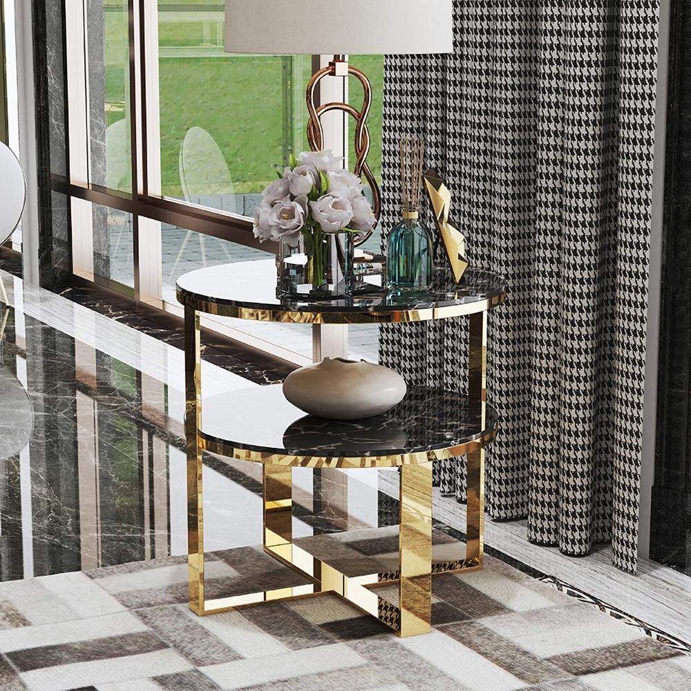 Round Black Marble Gold End Table with Storage Nightstand 2 Tier-Richsoul-End & Side Tables,Furniture,Living Room Furniture