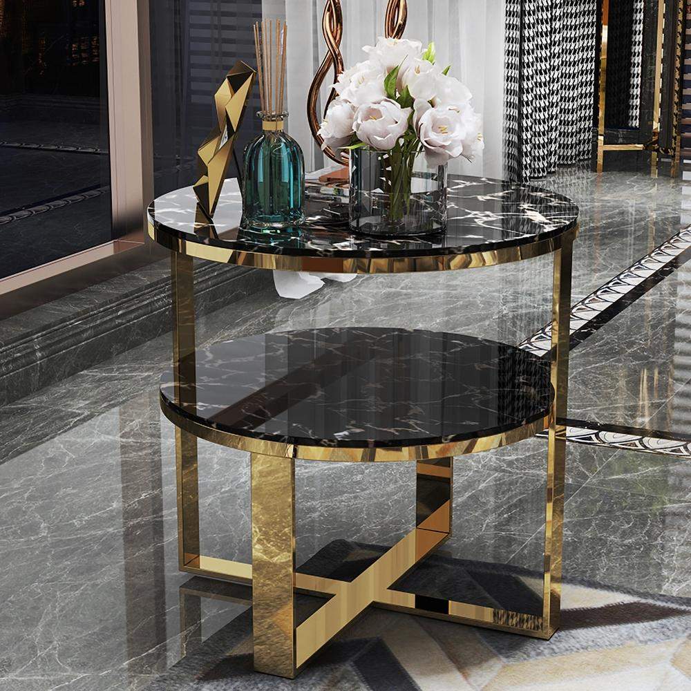Round Black Marble Gold End Table with Storage Nightstand 2 Tier-Richsoul-End & Side Tables,Furniture,Living Room Furniture