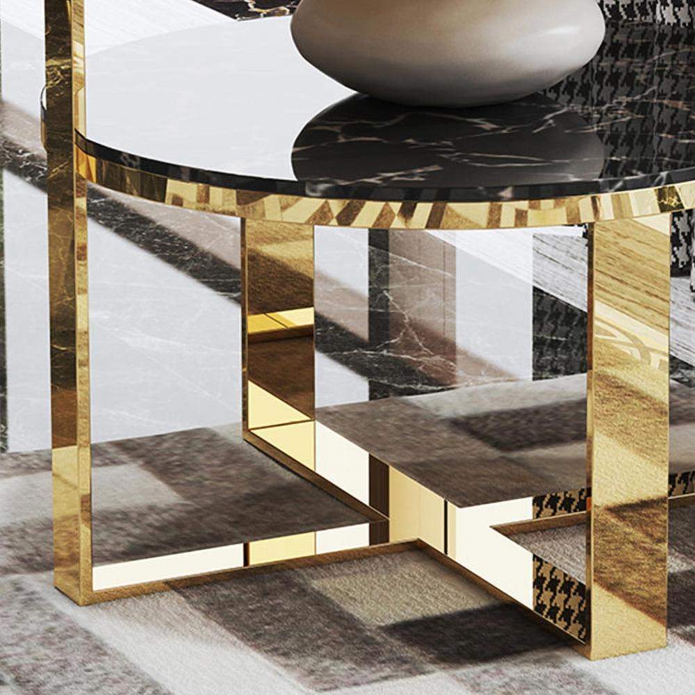 Round Black Marble Gold End Table with Storage Nightstand 2 Tier-Richsoul-End & Side Tables,Furniture,Living Room Furniture