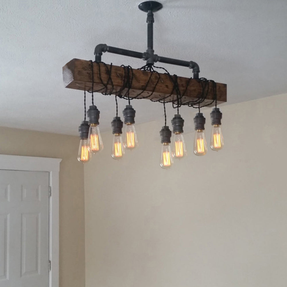 Industrial 8-Light Wood Beam Plumbing Pipe Hanging Bulbs Island Pendant Light