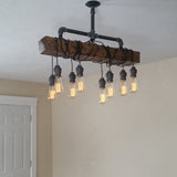 Industrial 8-Light Wood Beam Plumbing Pipe Hanging Bulbs Island Pendant Light
