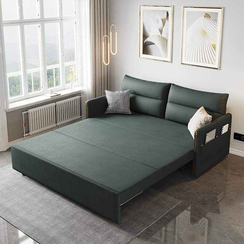 64" Sleeper Sofa Bed Convertible Sofa with Storage Leath-aire Upholstery in Green-Richsoul-Daybeds,Furniture,Living Room Furniture