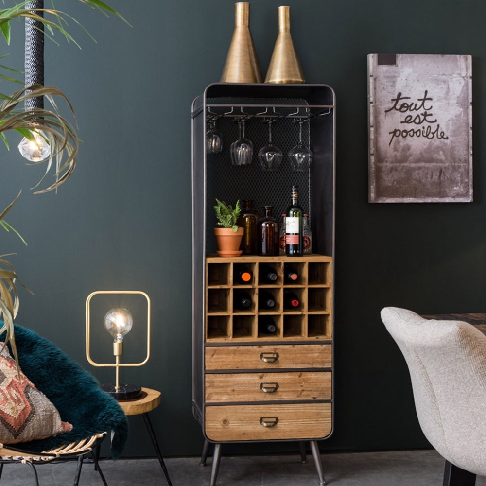 Industrial Loft Bar Cabinet with Storage Wine Glass Holders & Wine Grids & 3 Drawers