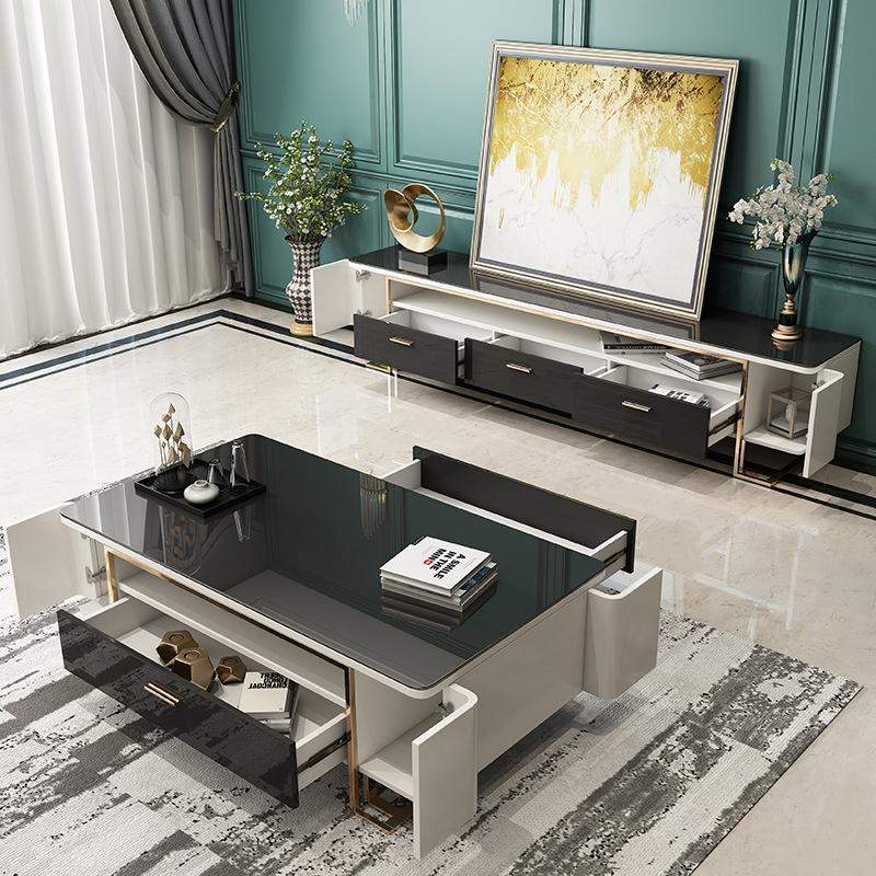 51.2" Hoxo Storage Tempered Glass Top Coffee Table with 2 Drawers & 4 Doors & Shelf-Richsoul-Coffee Tables,Furniture,Living Room Furniture