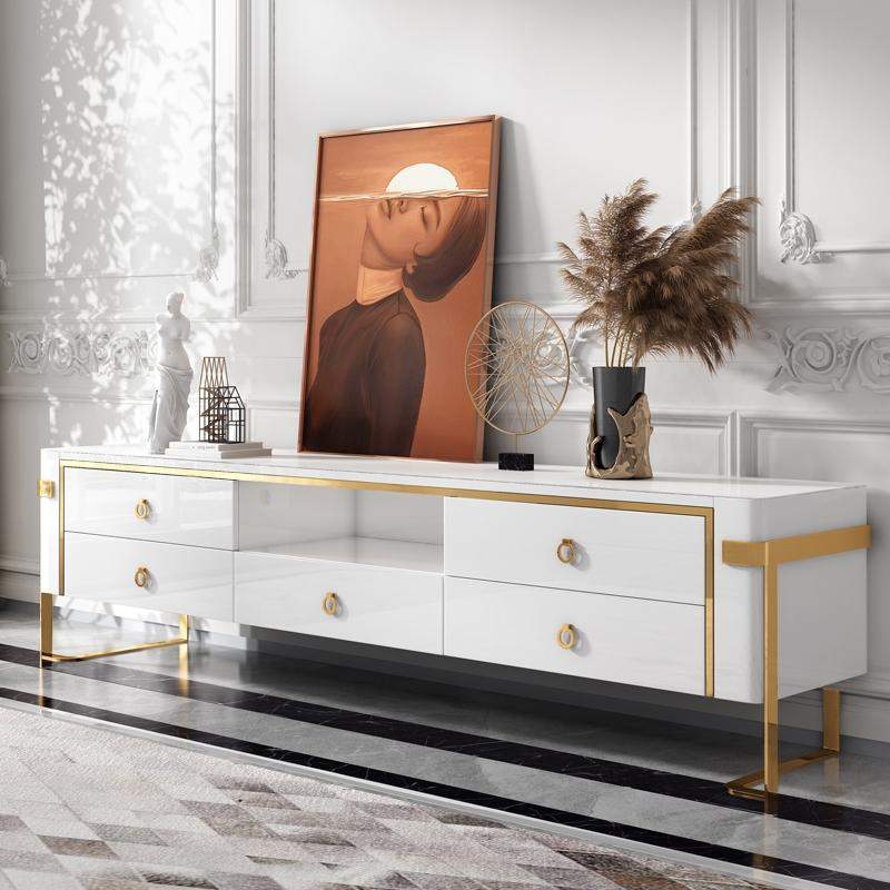 White TV Stand Modern Gold TV Console with Storage Media Cabinet for TVs Up to 78 Inches-Richsoul-Furniture,Living Room Furniture,TV Stands