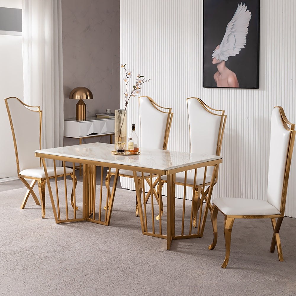 White Upholstered Dining Chairs Set of 2 Stainless Steel Side Chair with Gold Legs