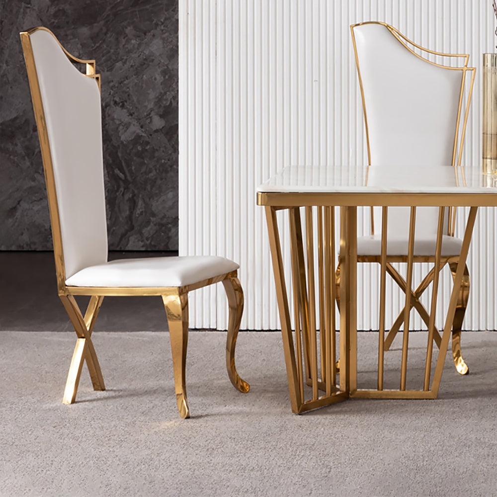 White Upholstered Dining Chairs Set of 2 Stainless Steel Side Chair with Gold Legs